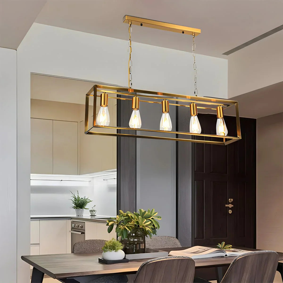 flairel Rectangular Brass Pendant Lights for Dining Room