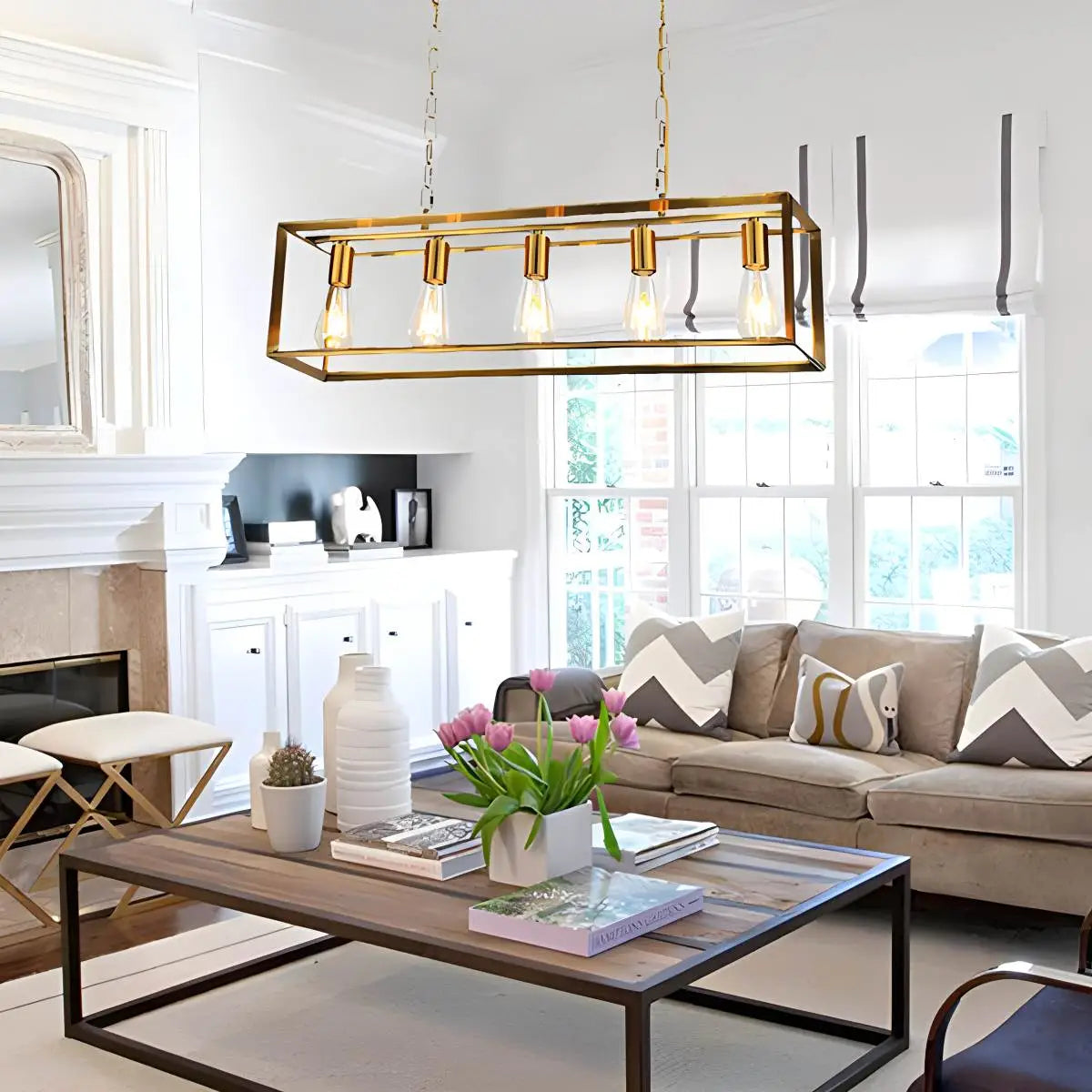 flairel Rectangular Brass Pendant Lights for Dining Room
