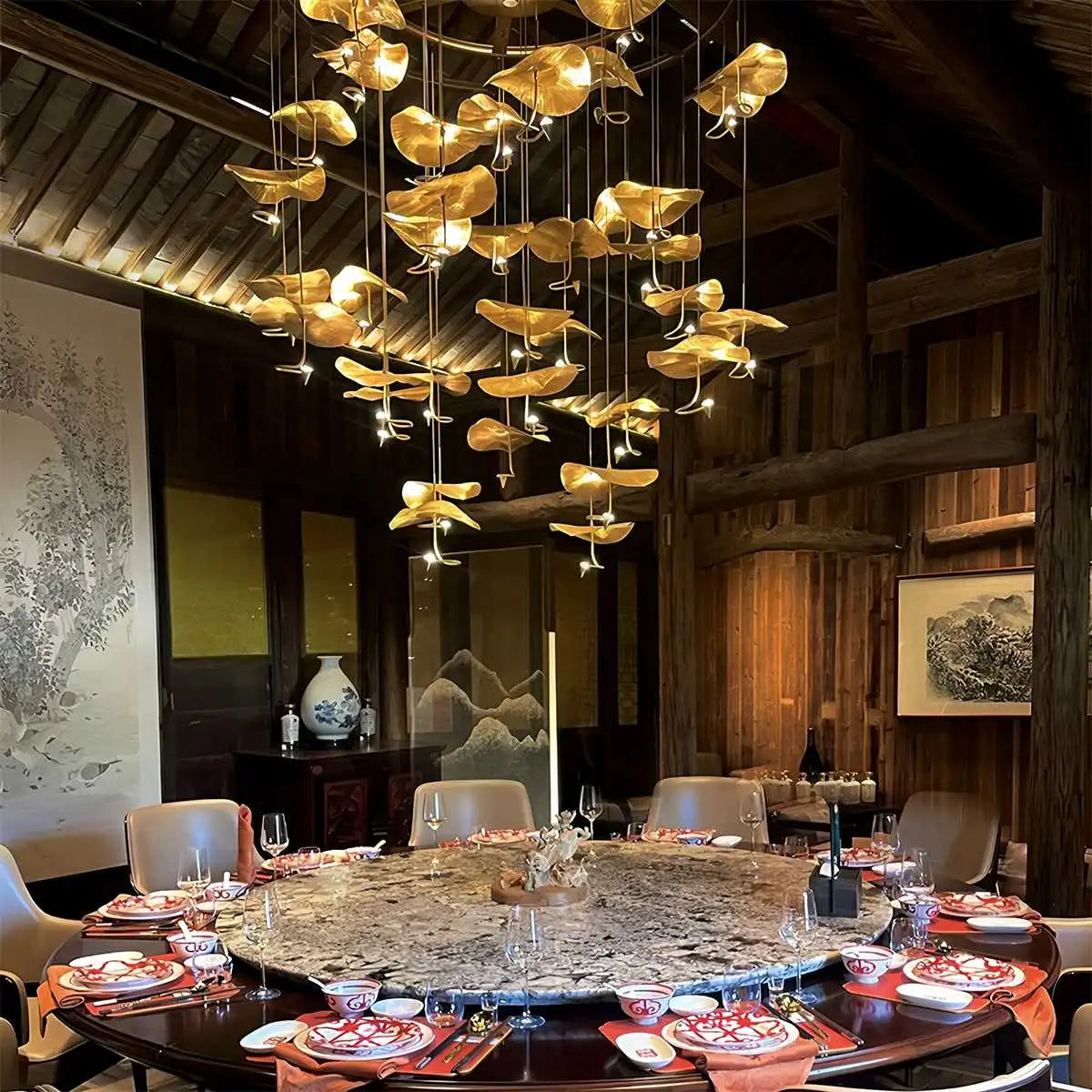 flairel Orlia Brass Lotus Leaf Chandelier