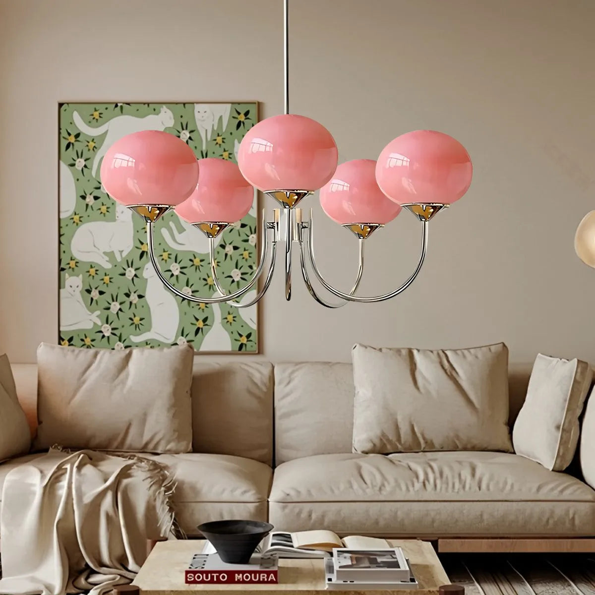 flairel Pink Glass Globe Arm Chandelier for Living Room