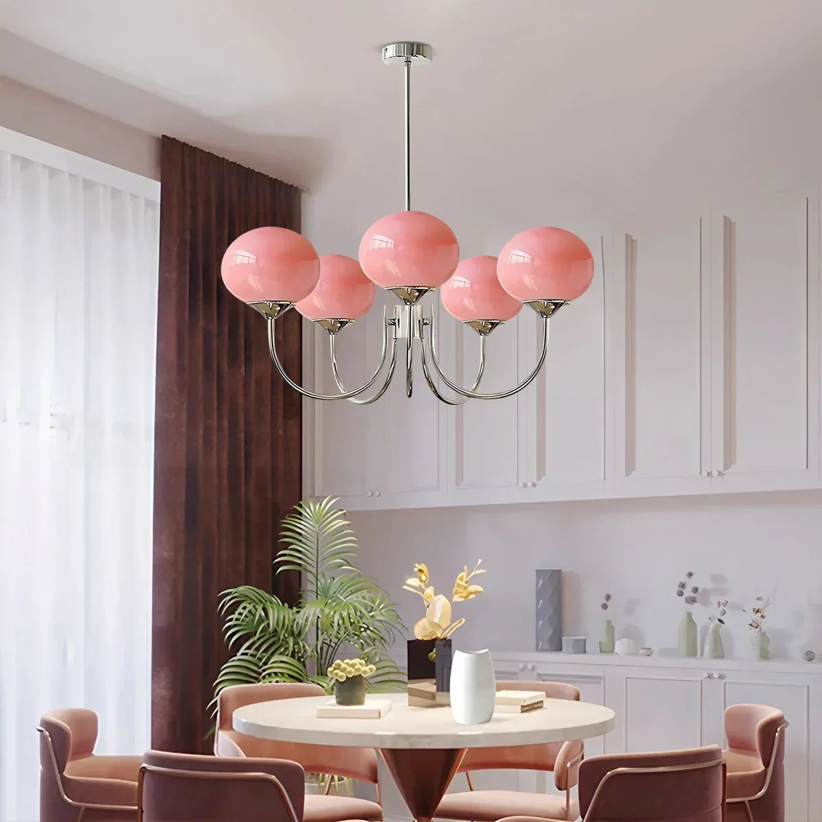 flairel Pink Glass Globe Arm Chandelier for Living Room