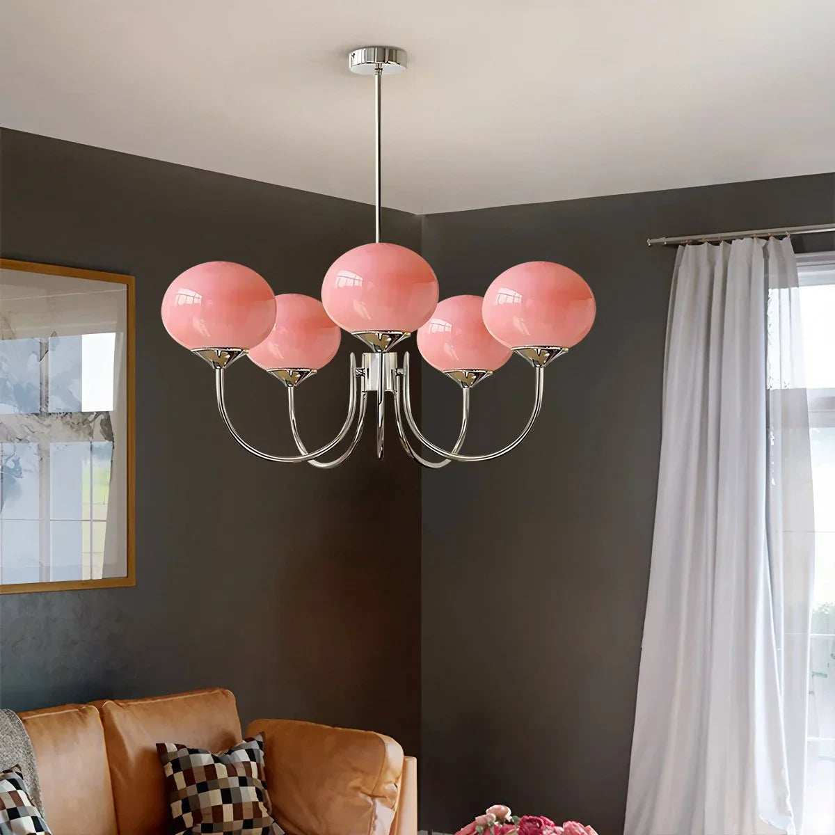 flairel Pink Glass Globe Arm Chandelier for Living Room