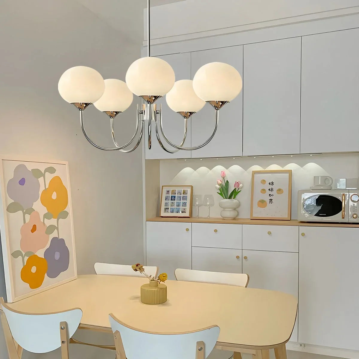 flairel Pink Glass Globe Arm Chandelier for Living Room