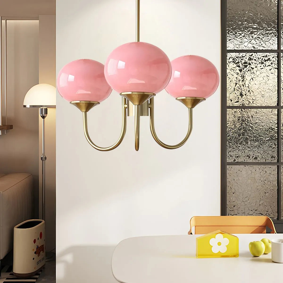 flairel Pink Glass Globe Arm Chandelier for Living Room