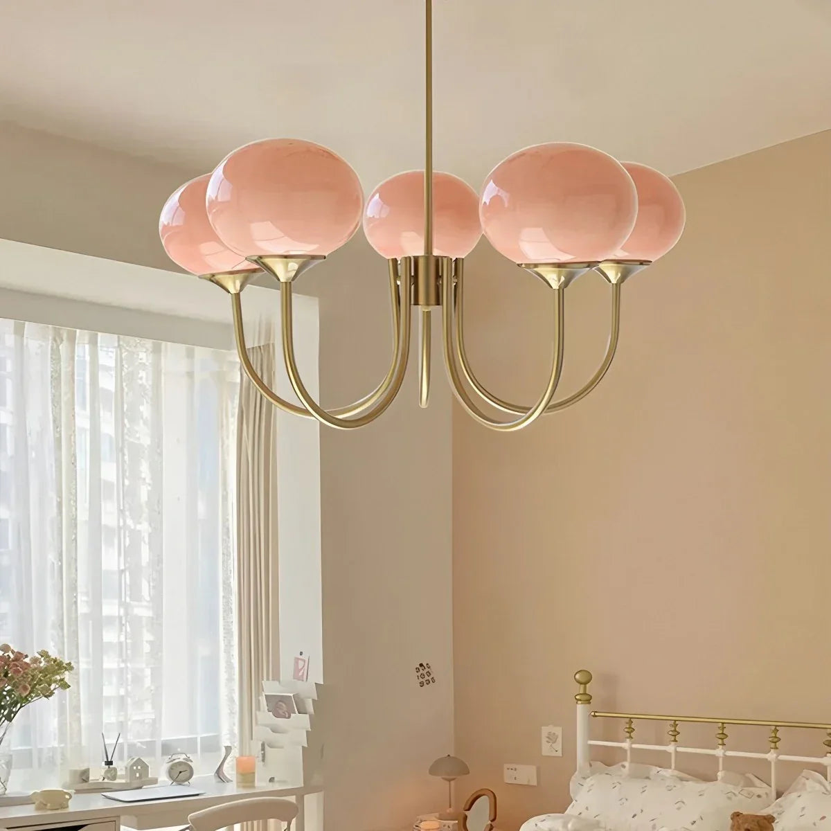 flairel Pink Glass Globe Arm Chandelier for Living Room
