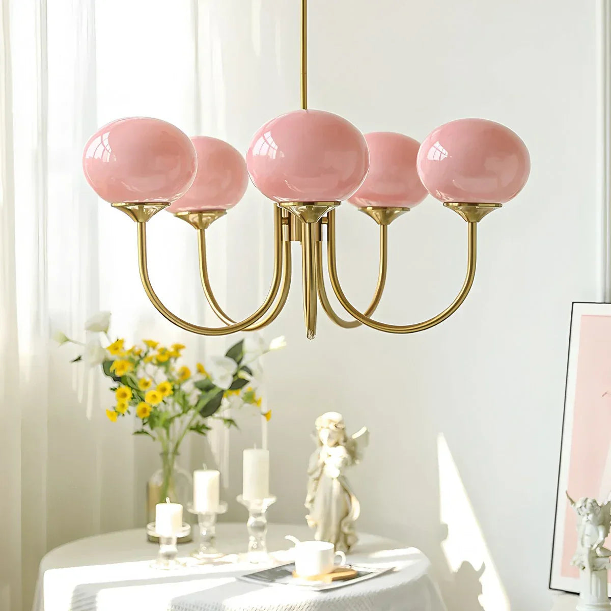 flairel Pink Glass Globe Arm Chandelier for Living Room