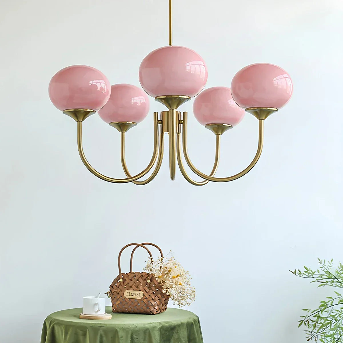 flairel Pink Glass Globe Arm Chandelier for Living Room