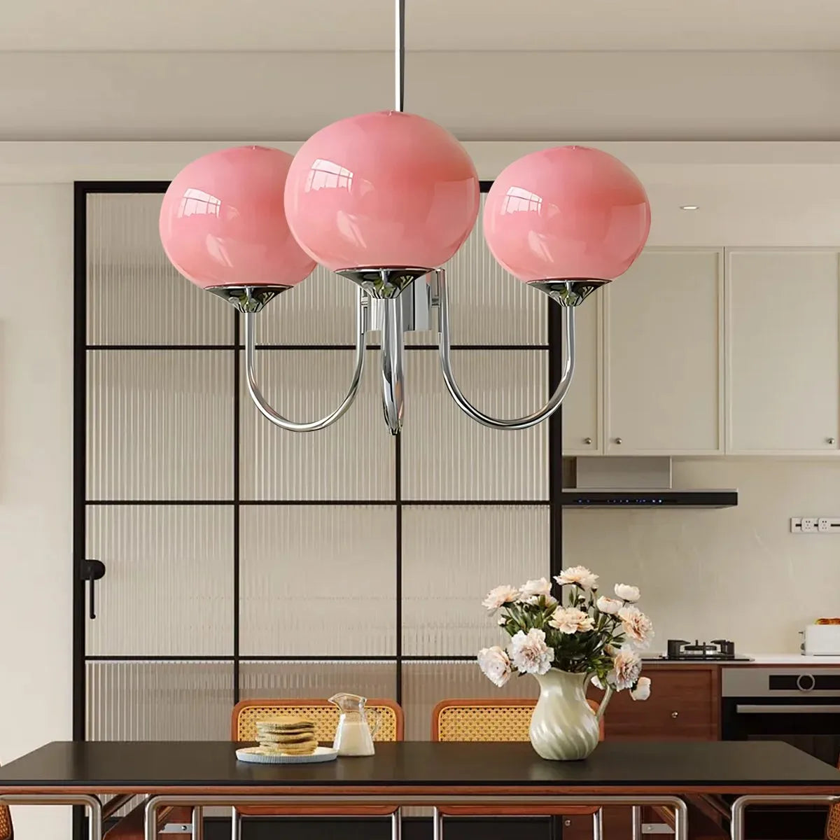 flairel Pink Glass Globe Arm Chandelier for Living Room
