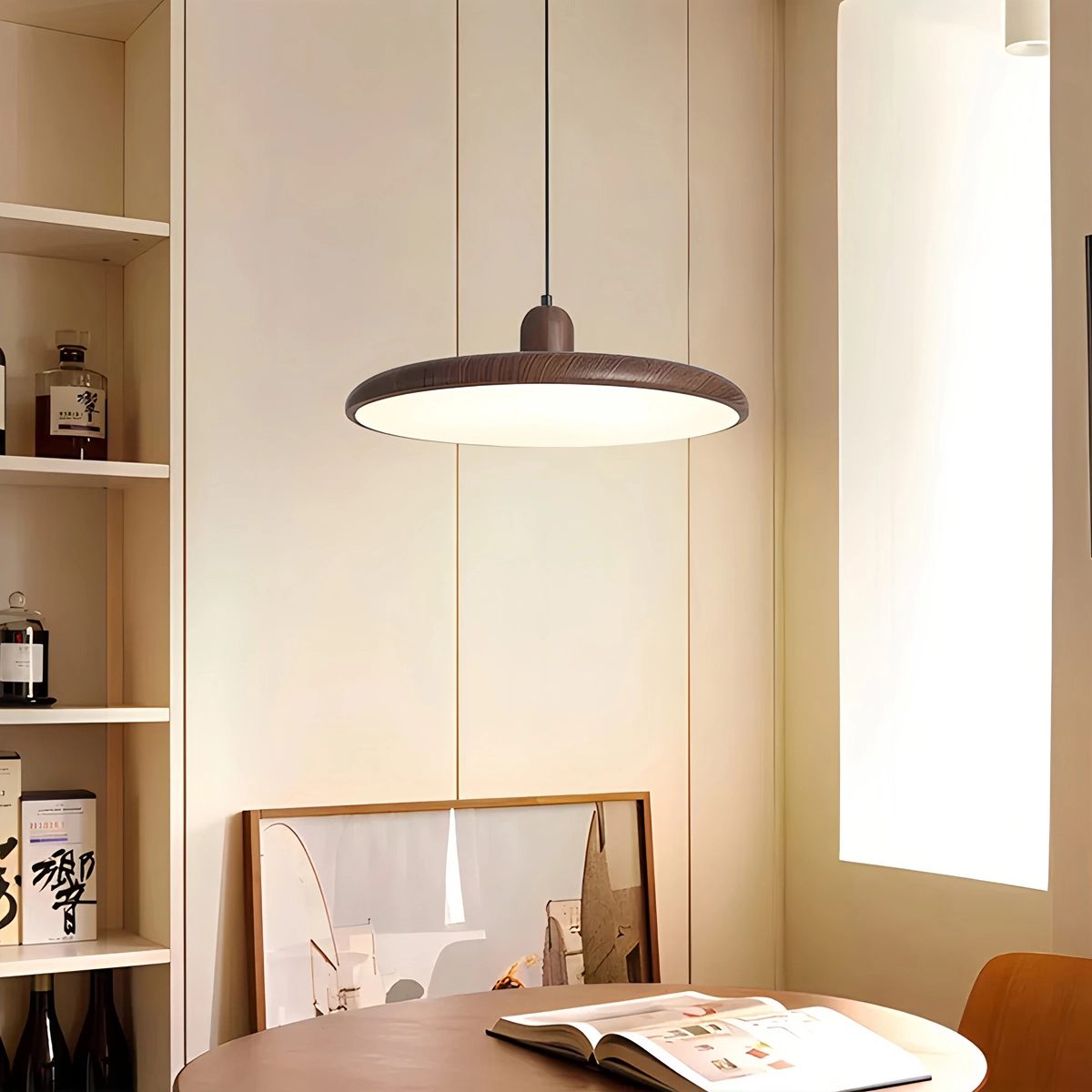 flairel Retro Walnut Color Round UFO Pendant Light