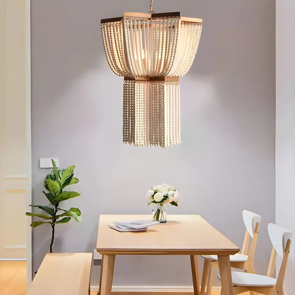 flairel Retro Wooden Bead Chandelier for Dining Room