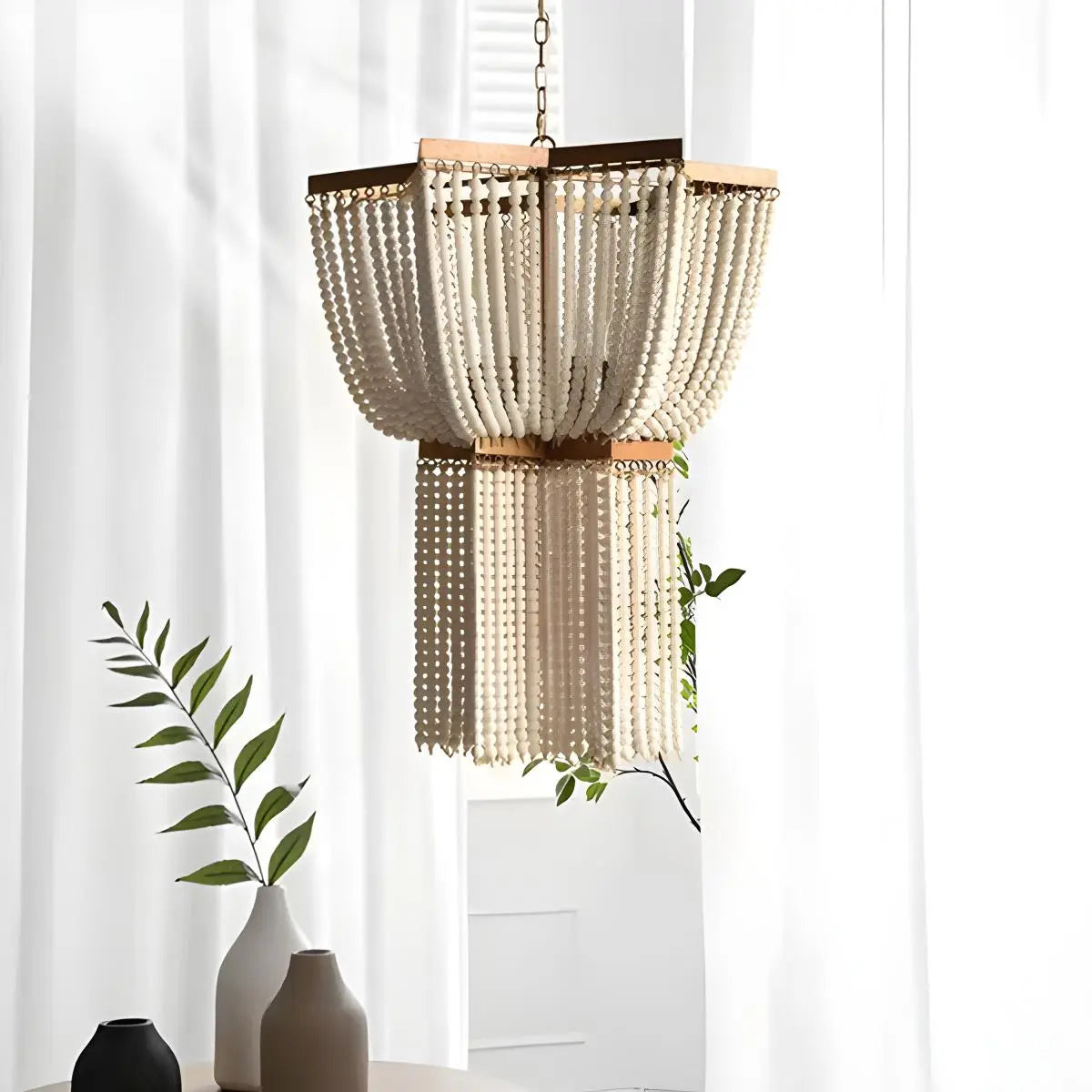 flairel Retro Wooden Bead Chandelier for Dining Room