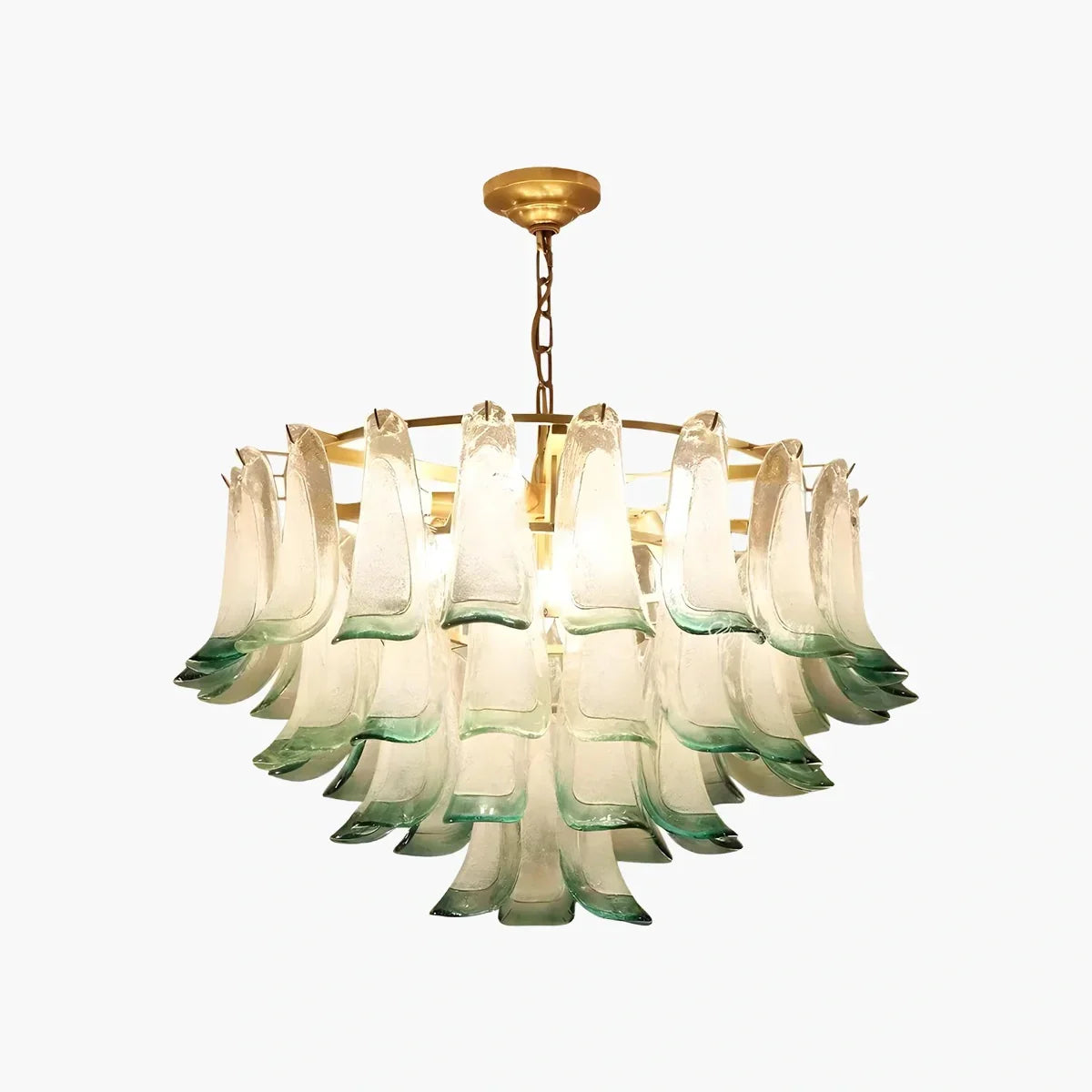 flairel Gold Tiered Green Glass Chandelier for High Ceiling