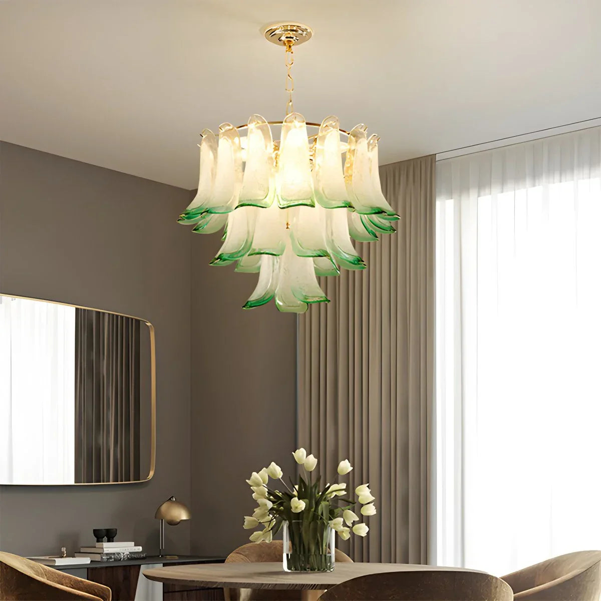 flairel Gold Tiered Green Glass Chandelier for High Ceiling