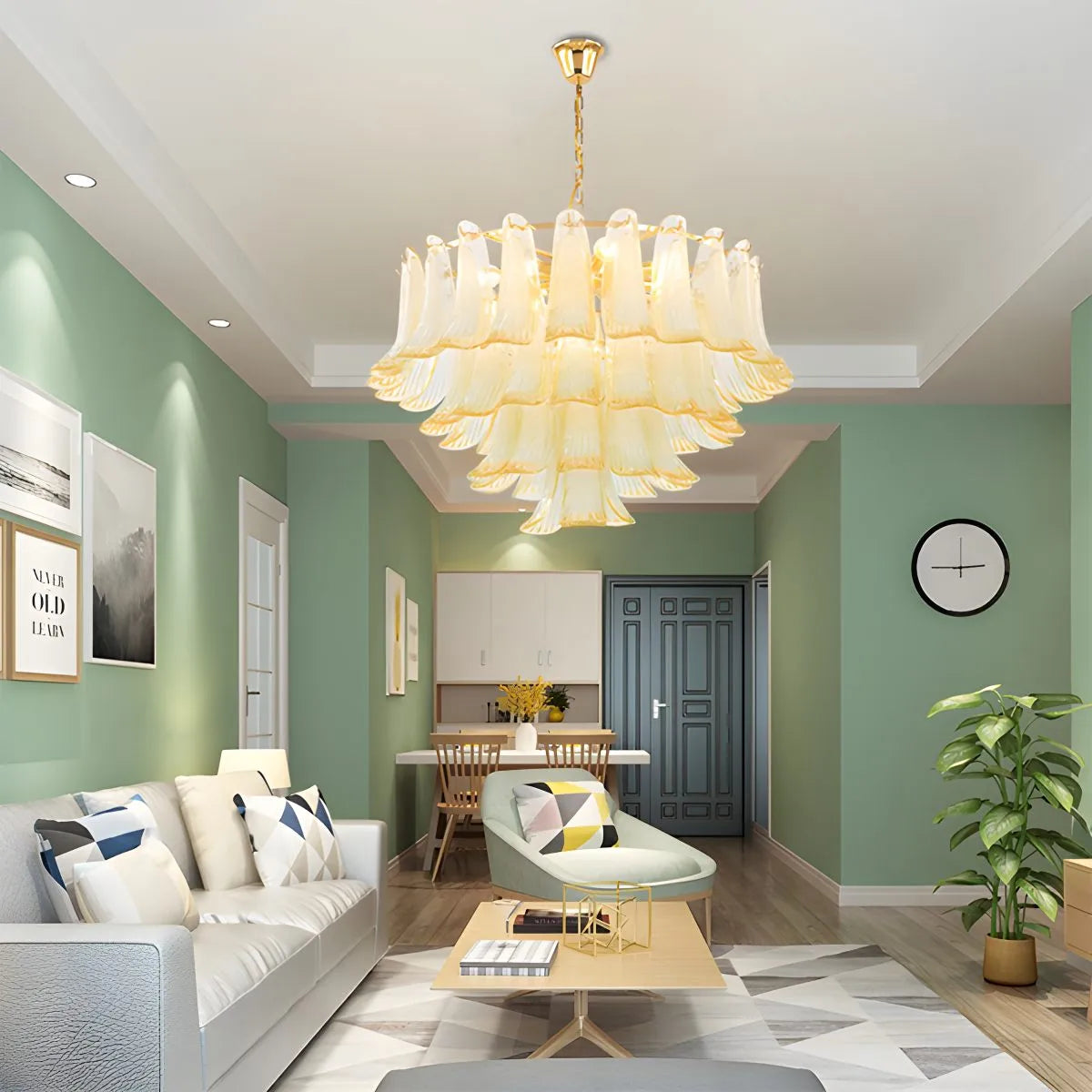 flairel Gold Tiered Green Glass Chandelier for High Ceiling