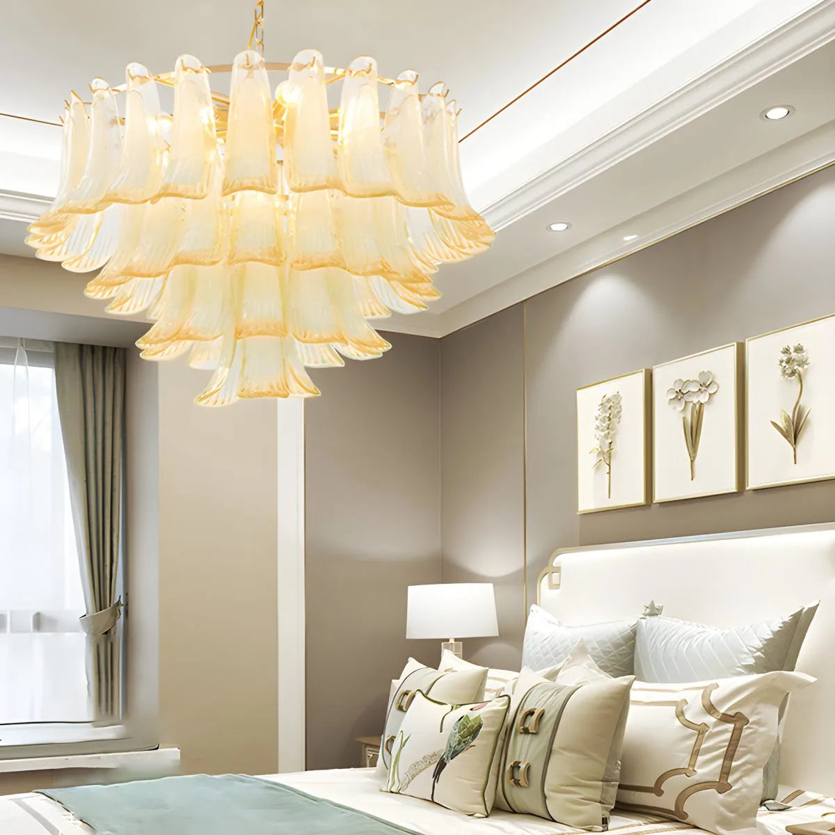 flairel Gold Tiered Green Glass Chandelier for High Ceiling