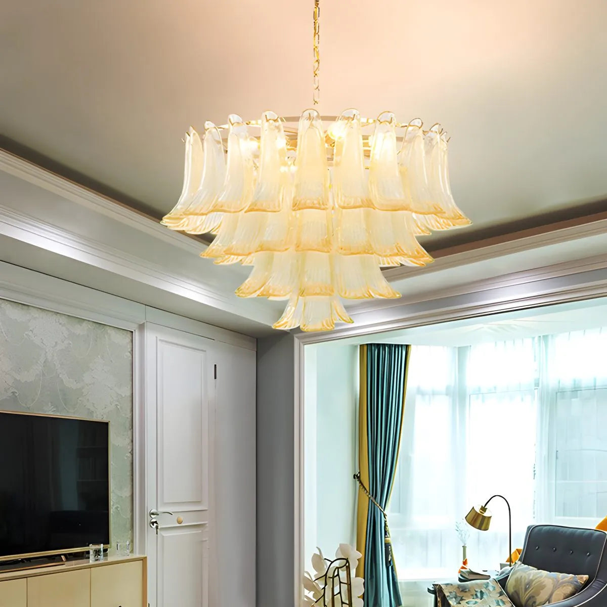 flairel Gold Tiered Green Glass Chandelier for High Ceiling