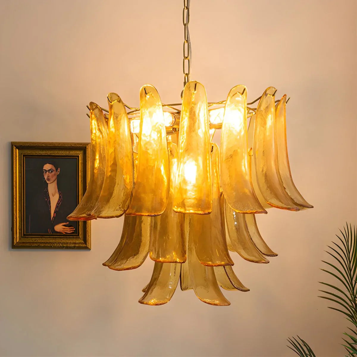 flairel Gold Tiered Green Glass Chandelier for High Ceiling