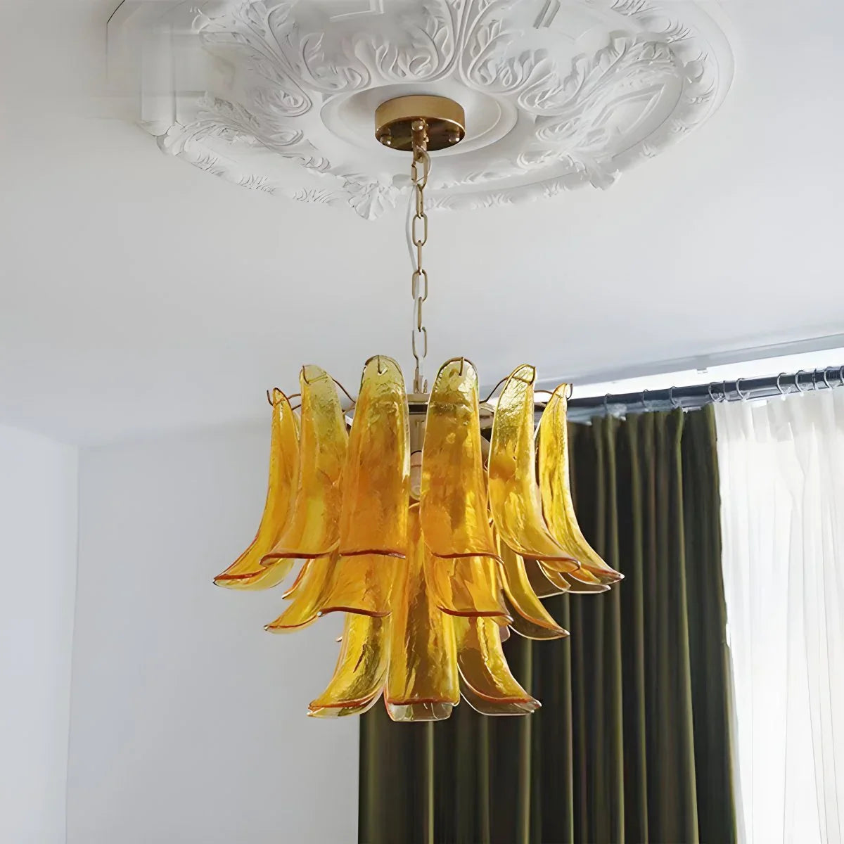flairel Gold Tiered Green Glass Chandelier for High Ceiling