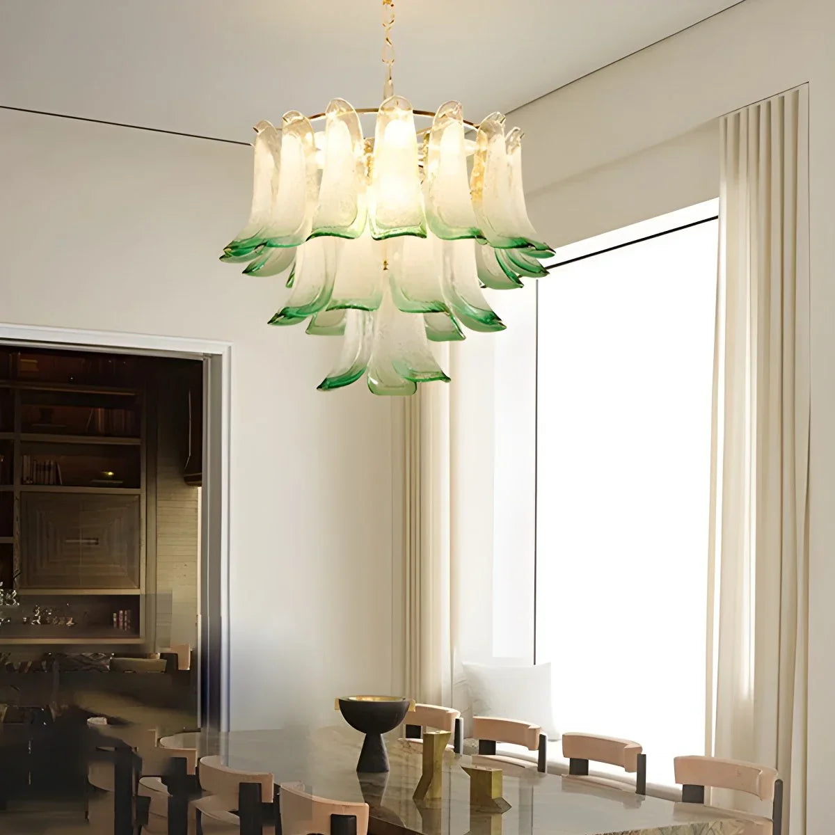 flairel Gold Tiered Green Glass Chandelier for High Ceiling