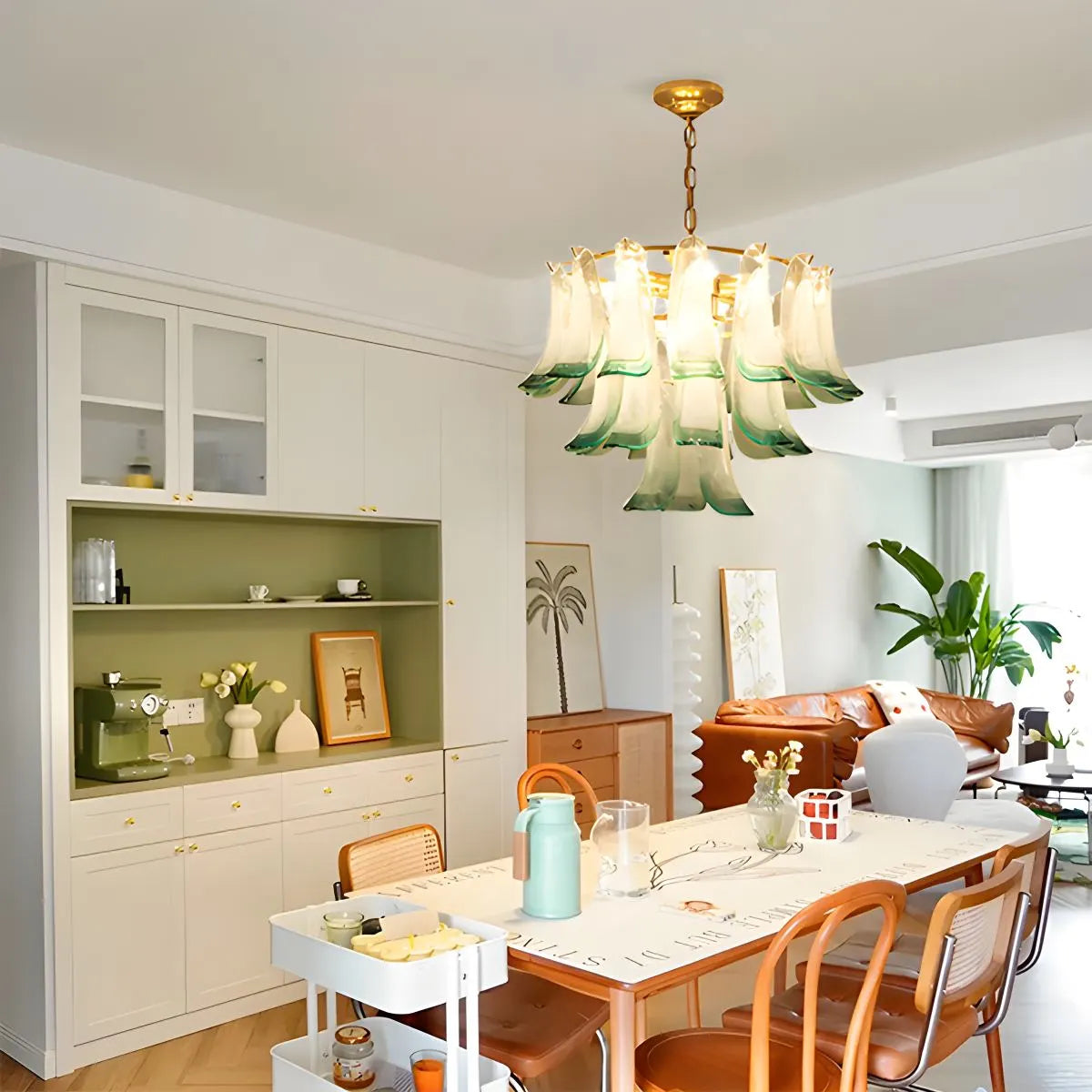 flairel Gold Tiered Green Glass Chandelier for High Ceiling