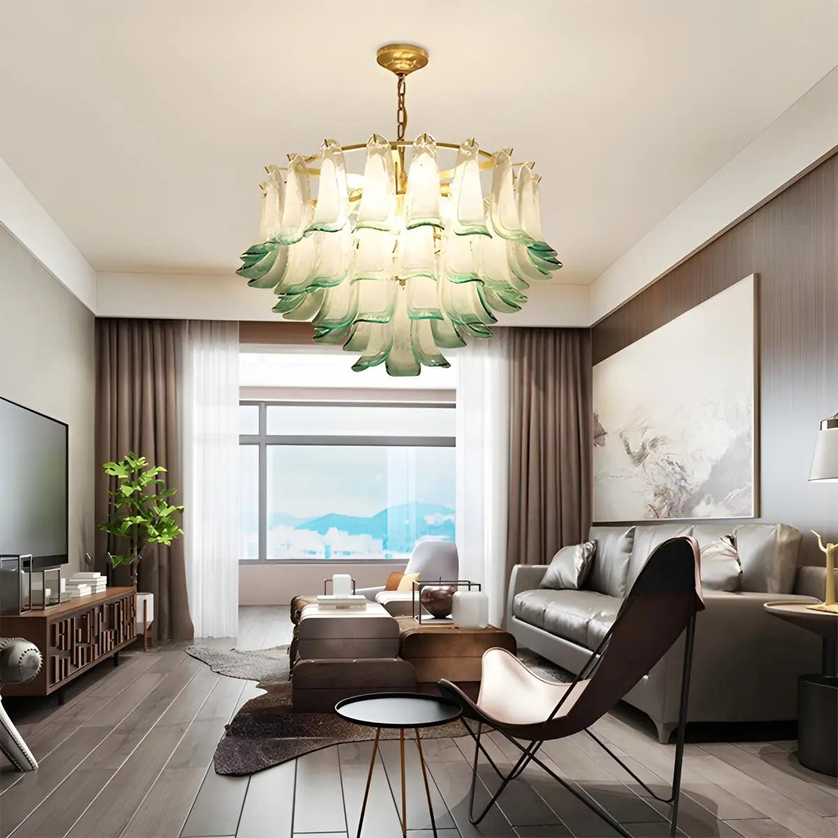 flairel Gold Tiered Green Glass Chandelier for High Ceiling