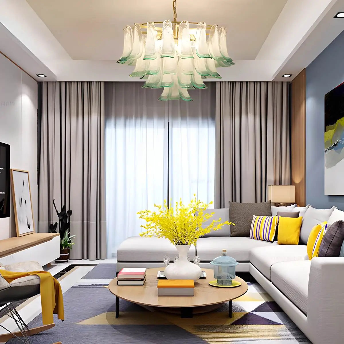 flairel Gold Tiered Green Glass Chandelier for High Ceiling