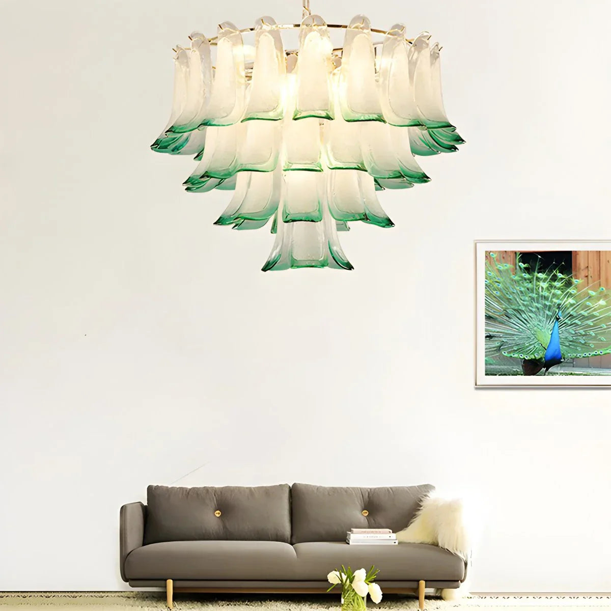 flairel Gold Tiered Green Glass Chandelier for High Ceiling