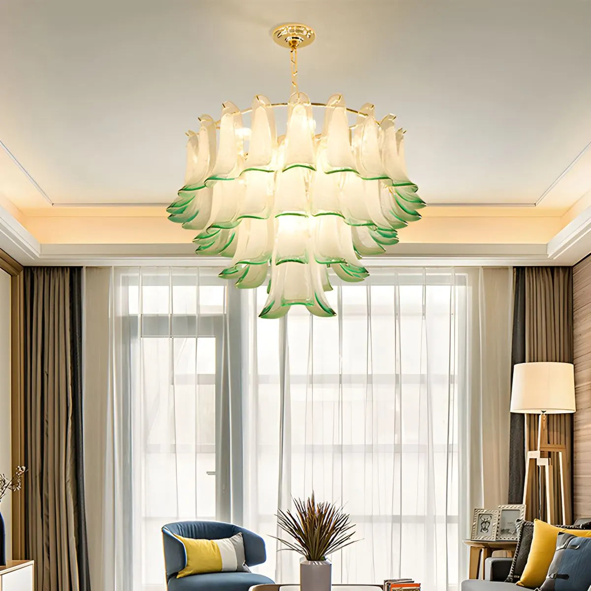 flairel Gold Tiered Green Glass Chandelier for High Ceiling