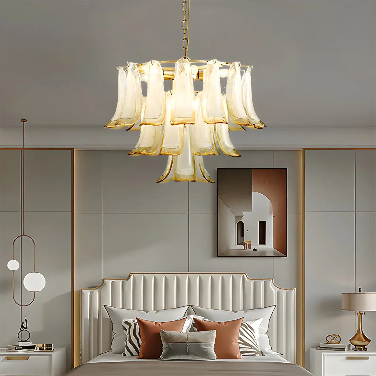 flairel Gold Tiered Green Glass Chandelier for High Ceiling