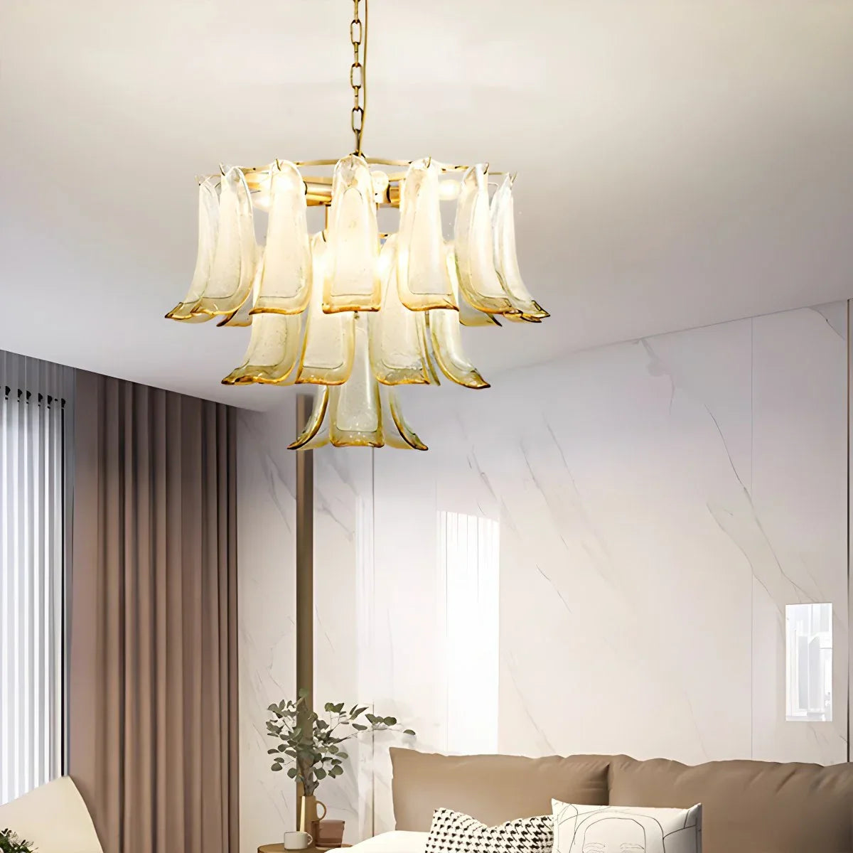 flairel Gold Tiered Green Glass Chandelier for High Ceiling