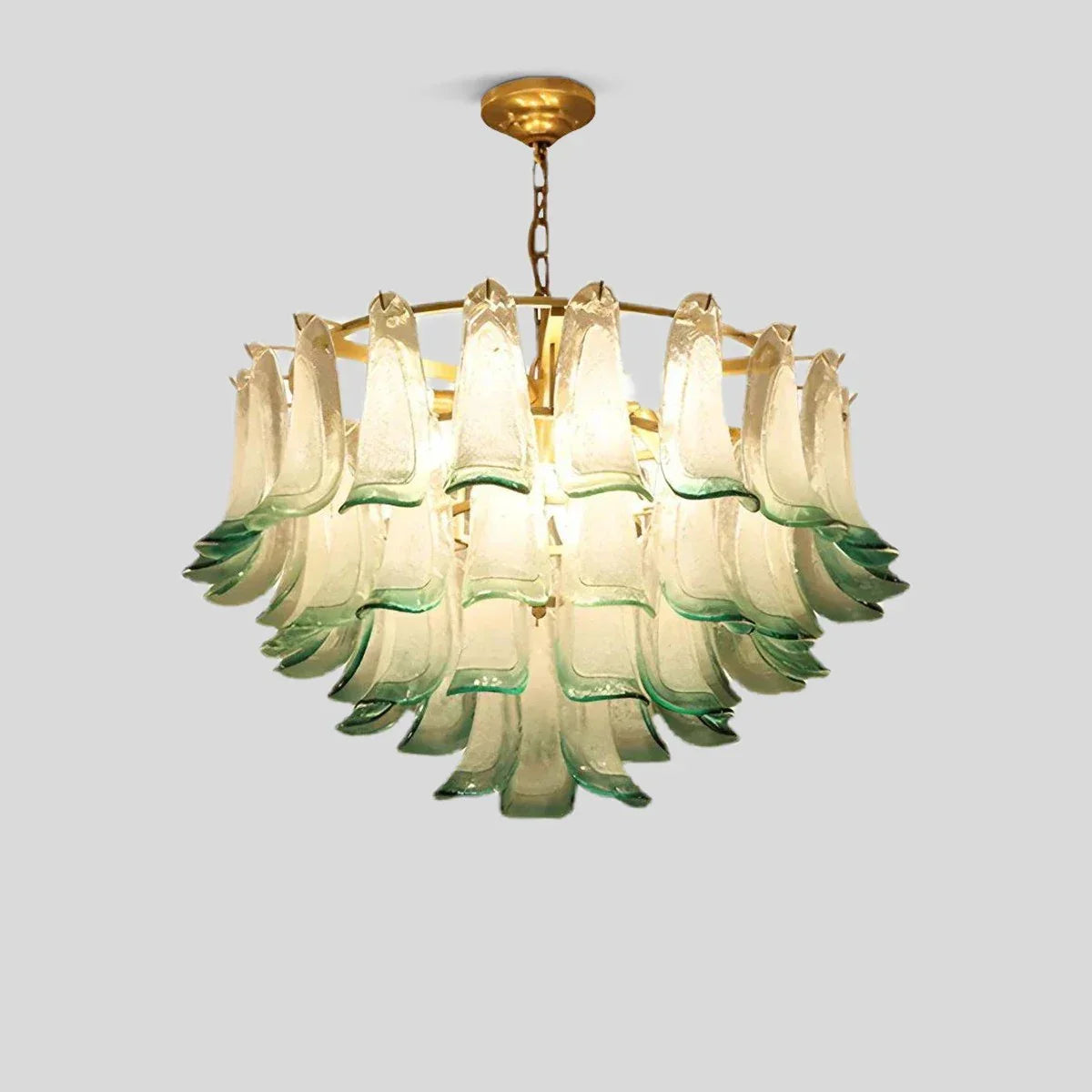 flairel Gold Tiered Green Glass Chandelier for High Ceiling