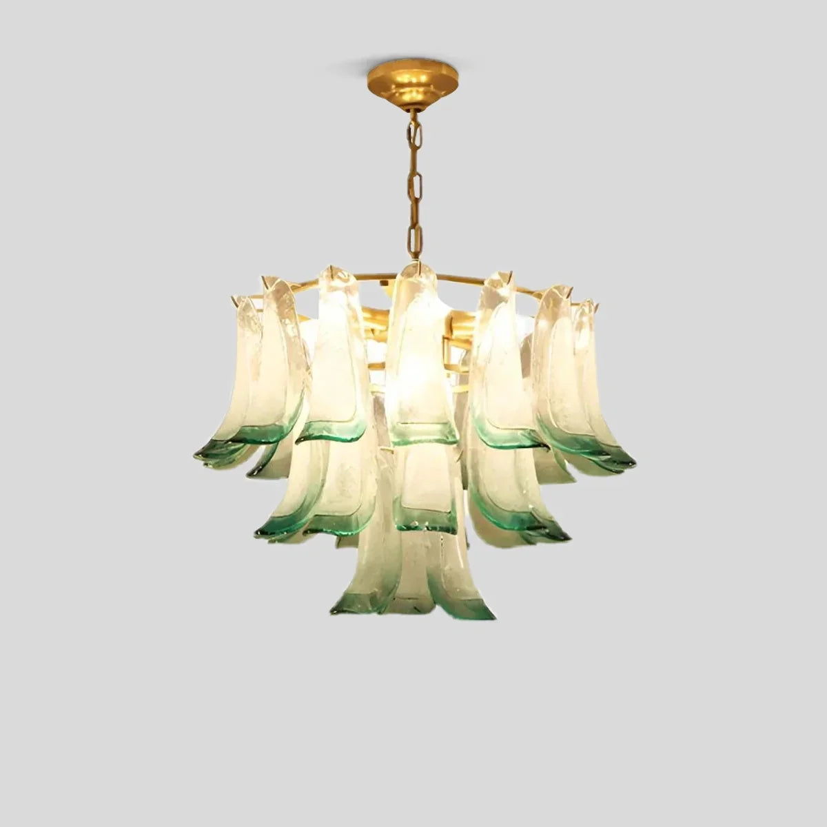 flairel Gold Tiered Green Glass Chandelier for High Ceiling