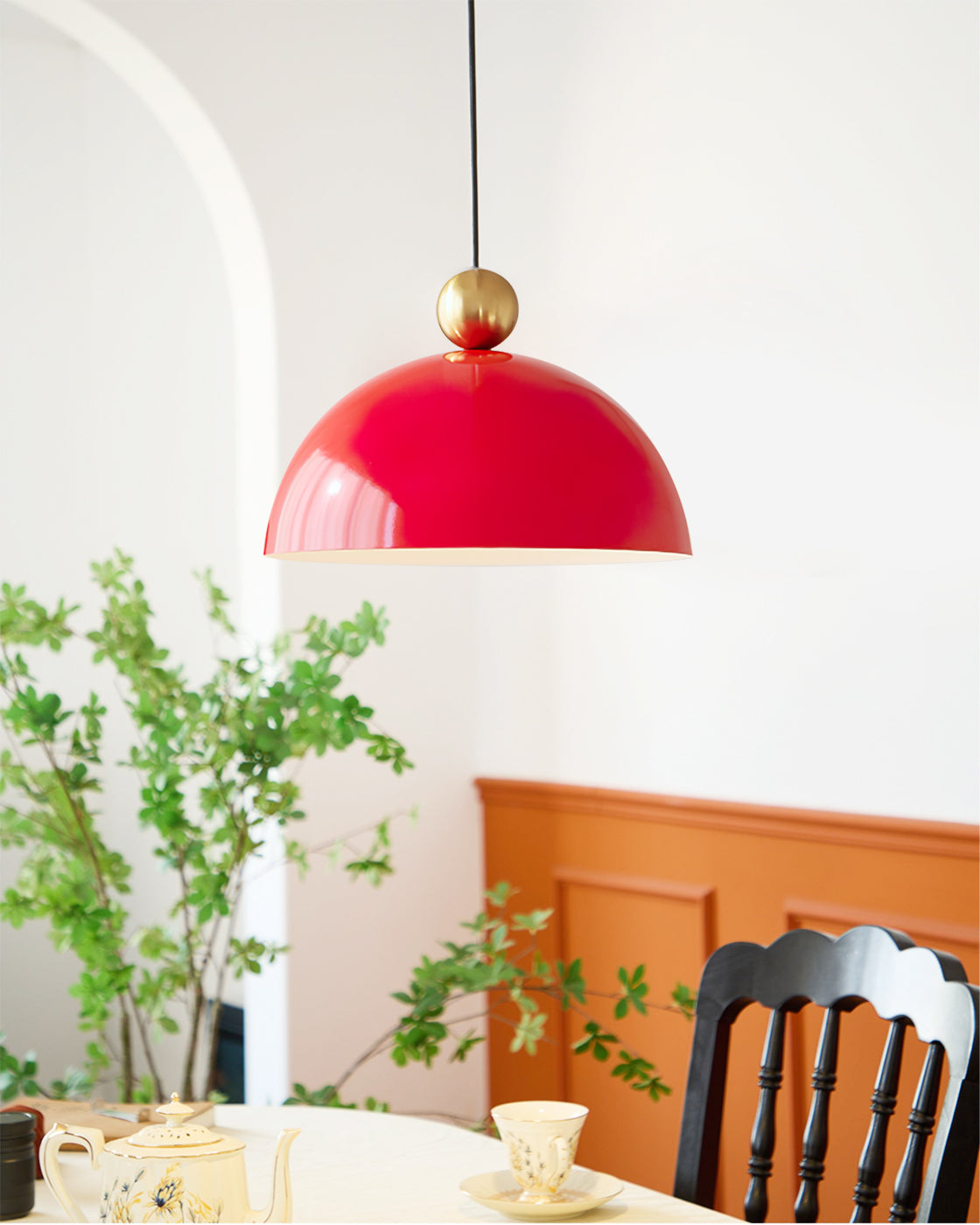 Posa Modern Minimalist Metal Pendant Lamp, Elegant Gold Finish, Colorful Orb Accent