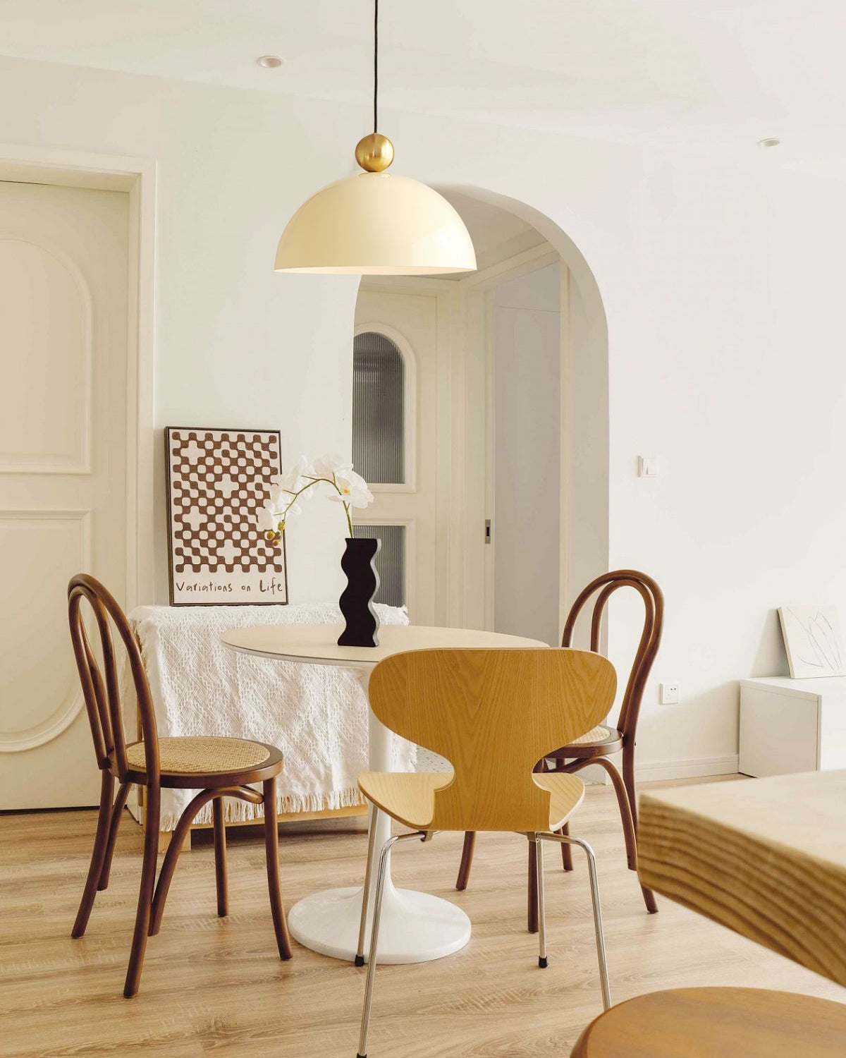 Posa Modern Minimalist Metal Pendant Lamp, Elegant Gold Finish, Colorful Orb Accent