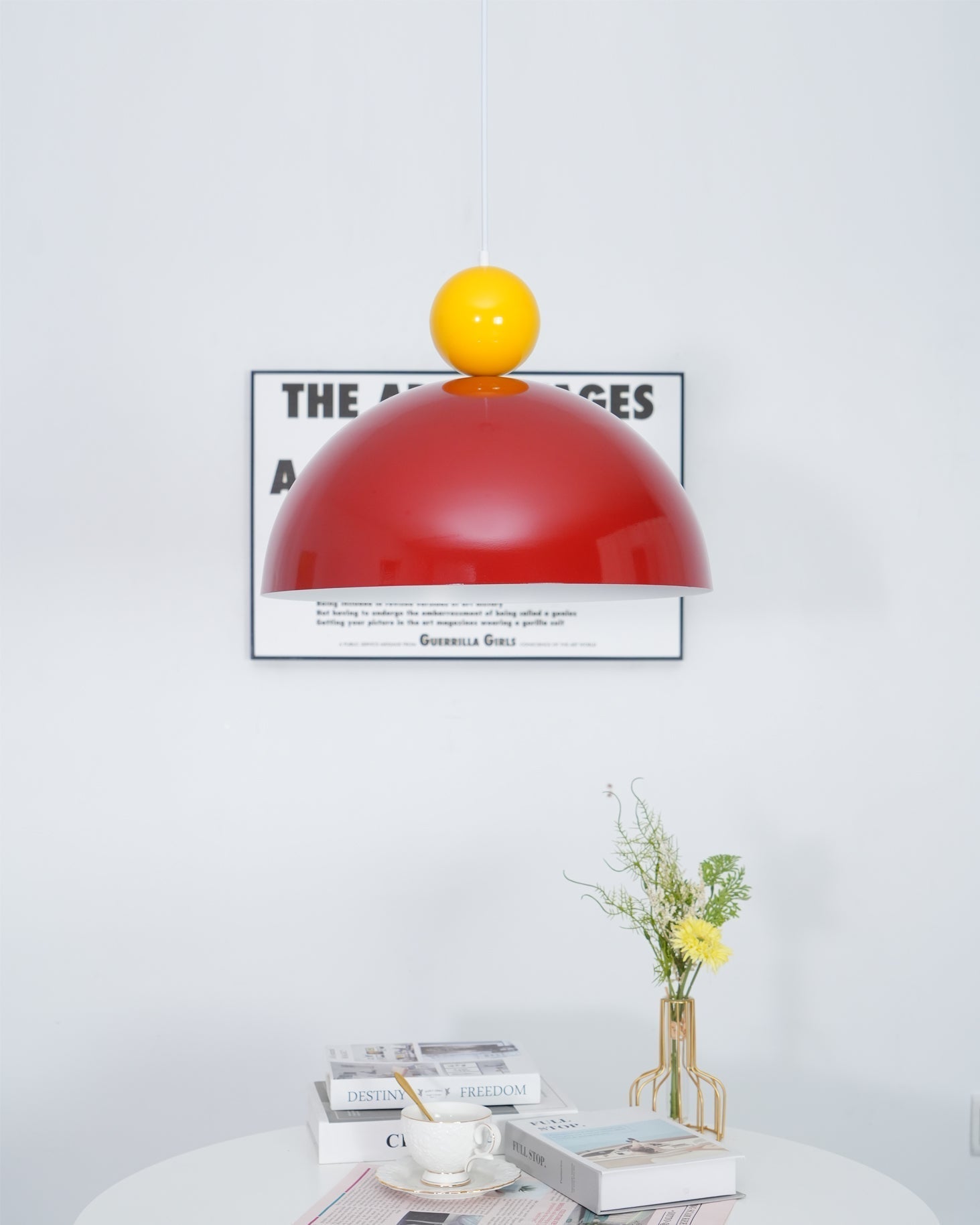 Posa Modern Minimalist Metal Pendant Lamp, Elegant Gold Finish, Colorful Orb Accent