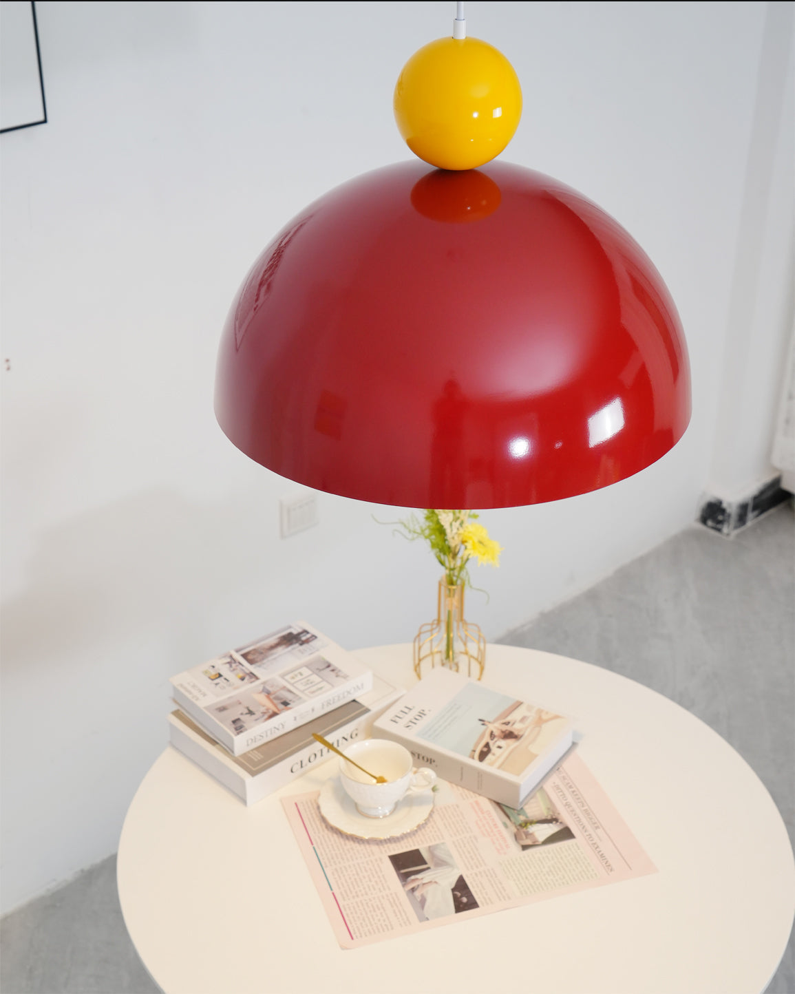 Posa Modern Minimalist Metal Pendant Lamp, Elegant Gold Finish, Colorful Orb Accent