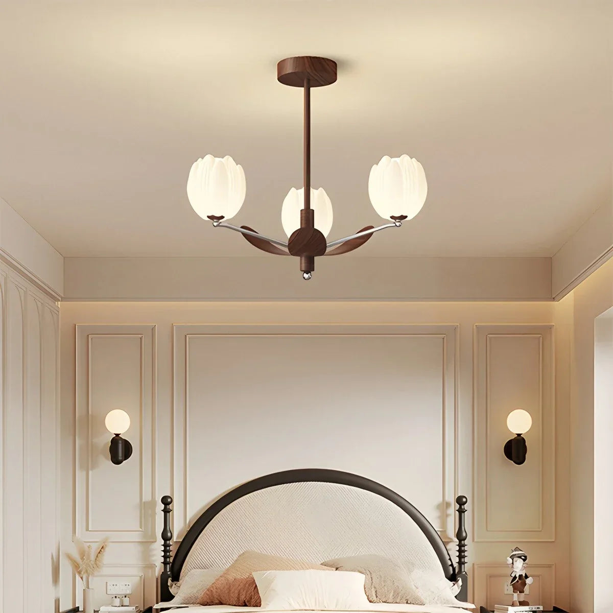 flairel Retro Walnut Color Flower Chandelier for Living Room