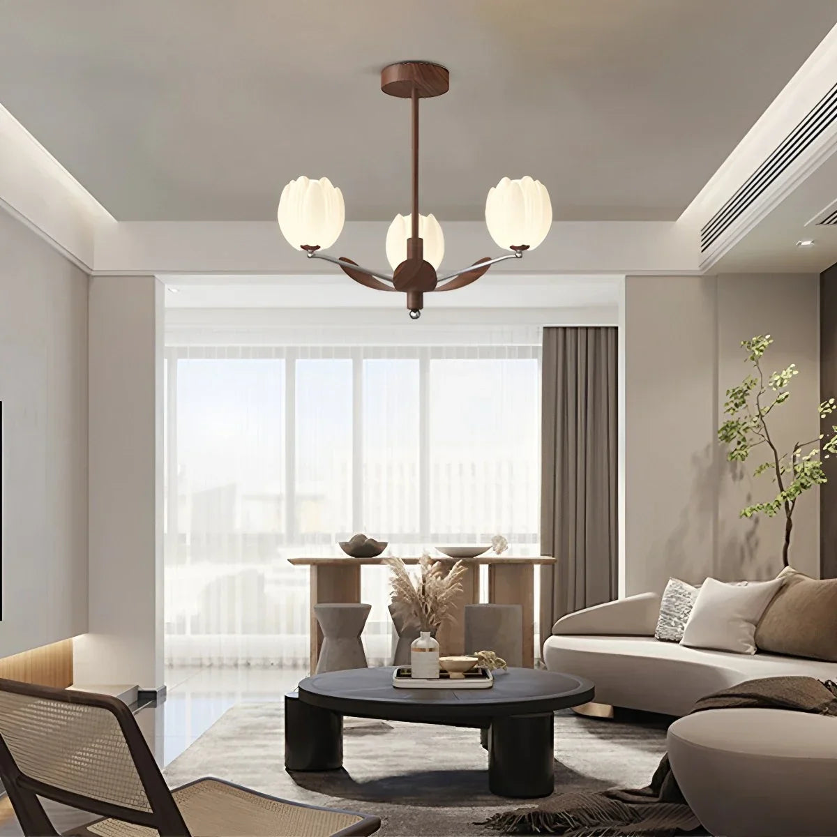 flairel Retro Walnut Color Flower Chandelier for Living Room