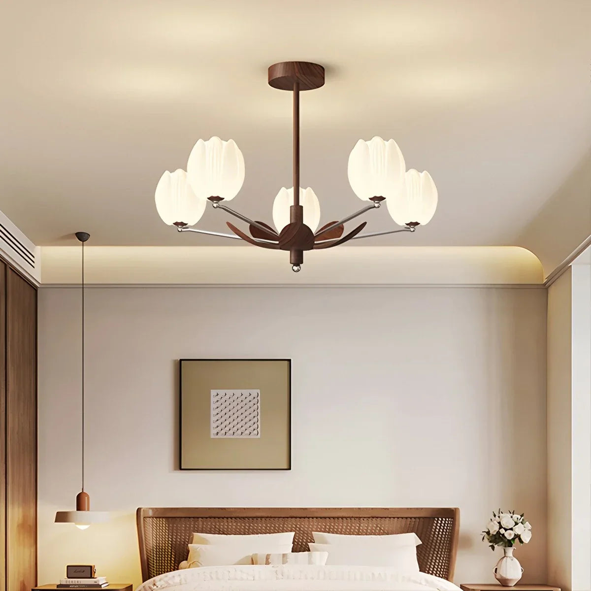 flairel Retro Walnut Color Flower Chandelier for Living Room