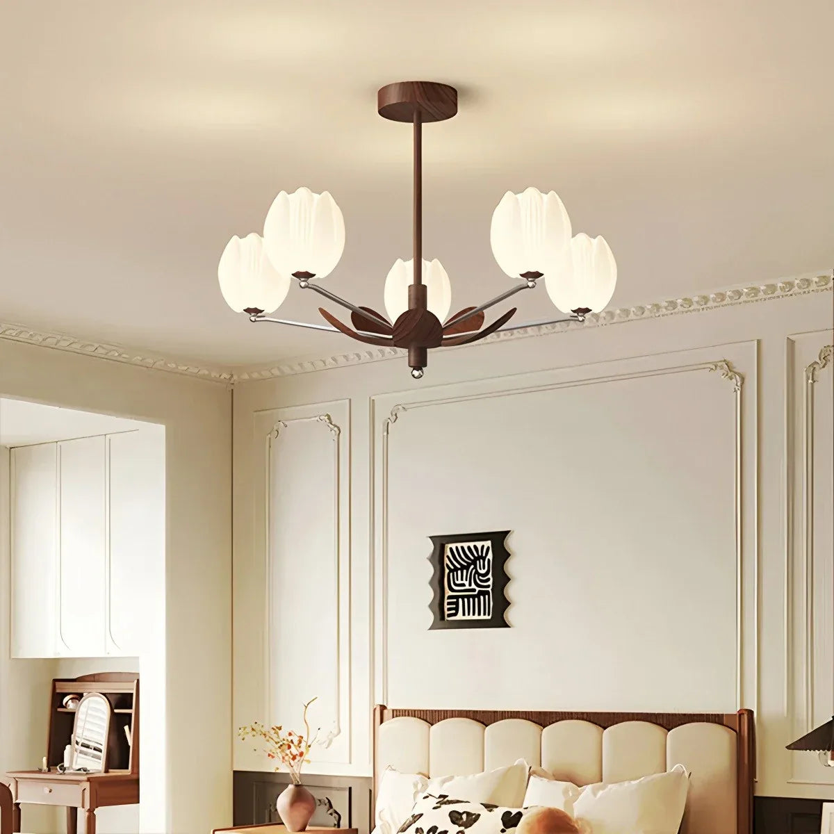 flairel Retro Walnut Color Flower Chandelier for Living Room