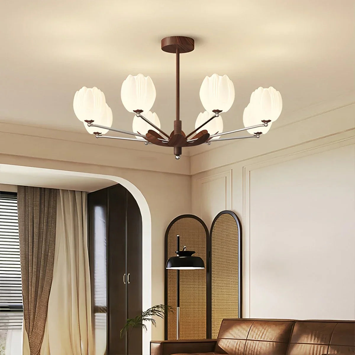 flairel Retro Walnut Color Flower Chandelier for Living Room