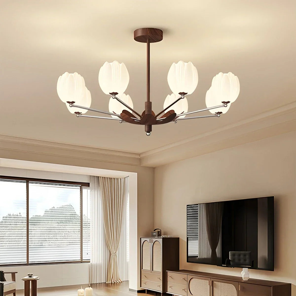flairel Retro Walnut Color Flower Chandelier for Living Room