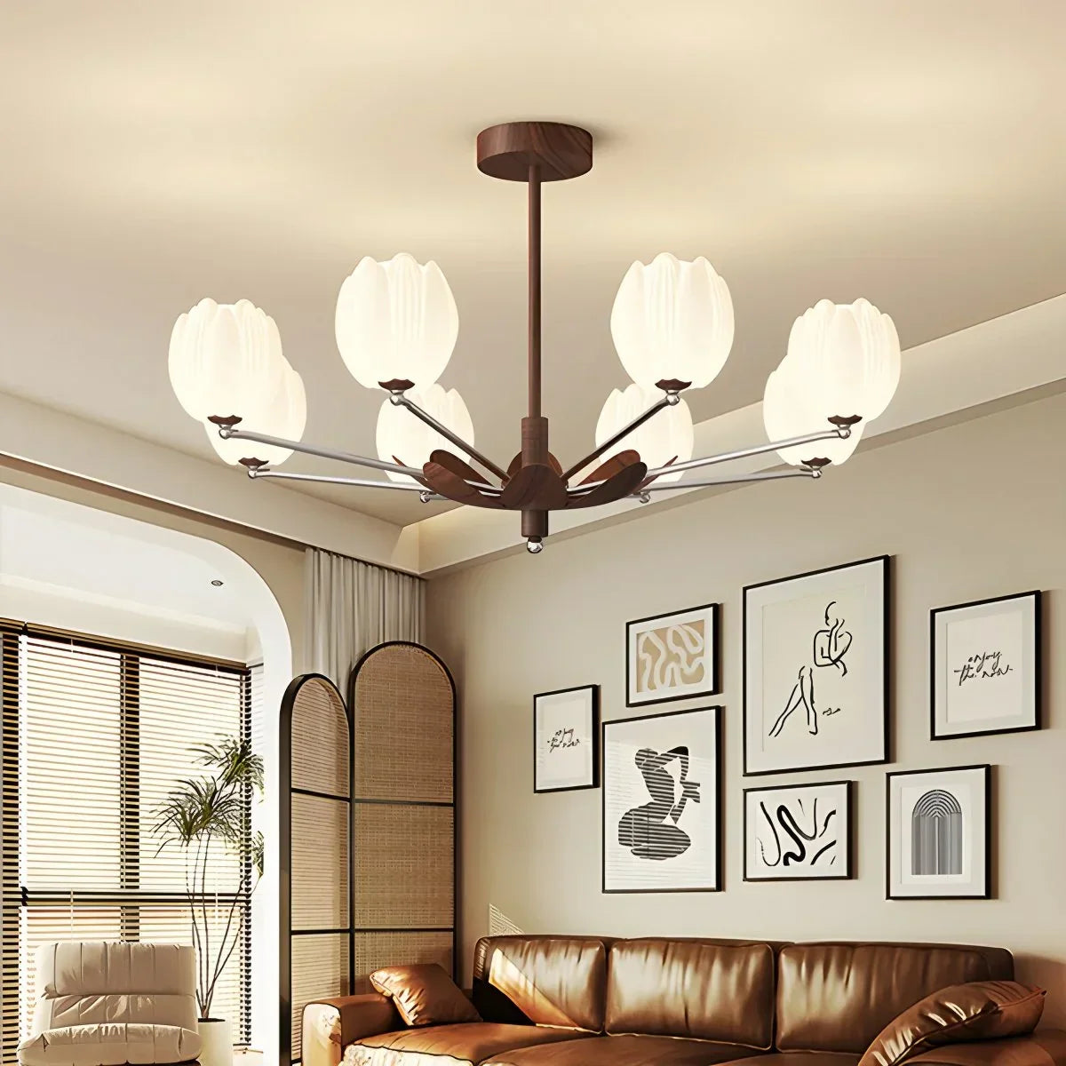 flairel Retro Walnut Color Flower Chandelier for Living Room